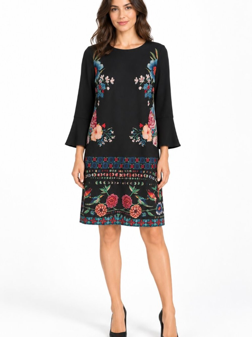 Desigual Black Floral Shift Dress Bell Sleeves Size 34 (US XS) Made in Spain